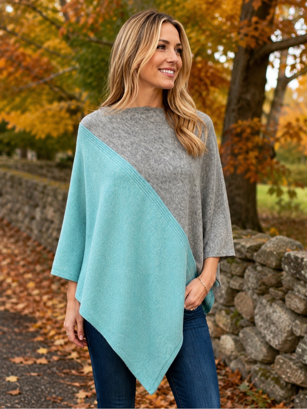 Kinross - Cashmere Colorblock Poncho Shawl